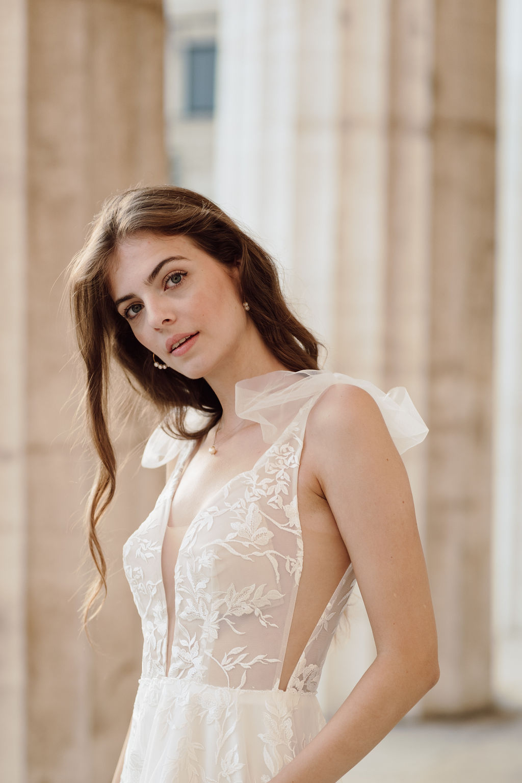 Tess Lace Wedding Dress by Maryke with plunging neckline