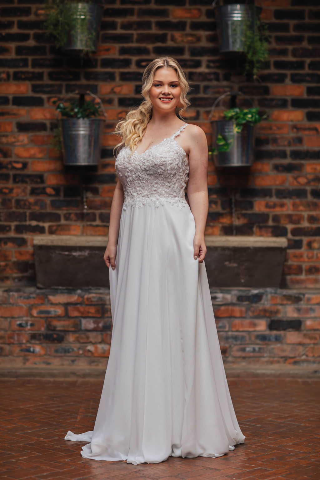 Heloise Chiffon Wedding Dress with v neck beaded lace bodice