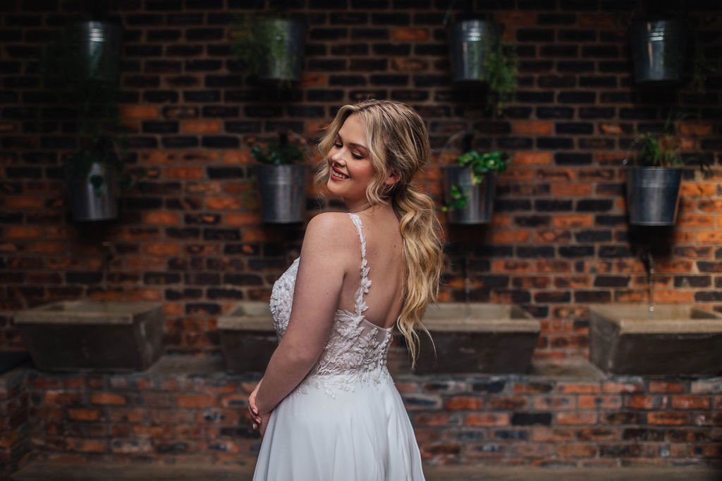 Heloise Chiffon Wedding Dress simple with beaded lace v neck bodice and delicate strap detail