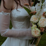 Maryke Bespoke Corset Wedding Dress with exquisite lace applique detail in luxurious Duchess Satin